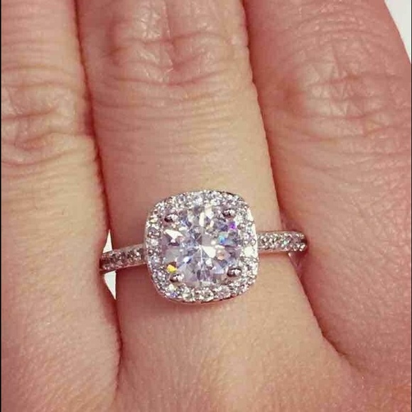 18k White Gold Diamond Cz Cushion Halo Ring - Picture 6 of 8